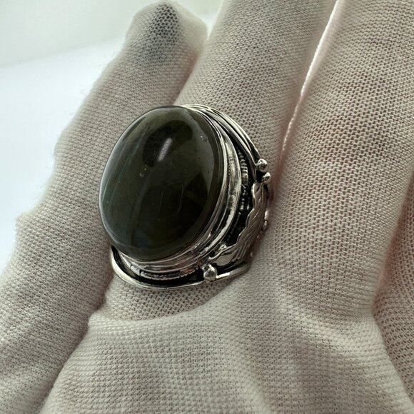 925 Sterling Silver Green Labradorite Statement Ring - Size 8.25 - Picture 10 of 11